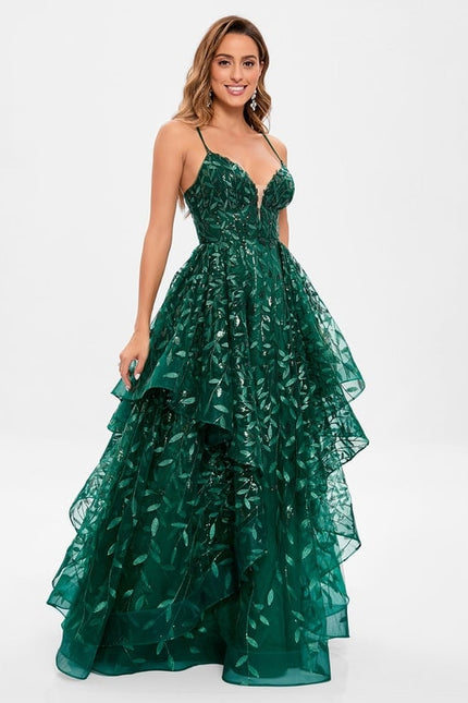 Princesse col v longueur ras du sol dentelle floral robe de bal avec paillettes - gallery 6