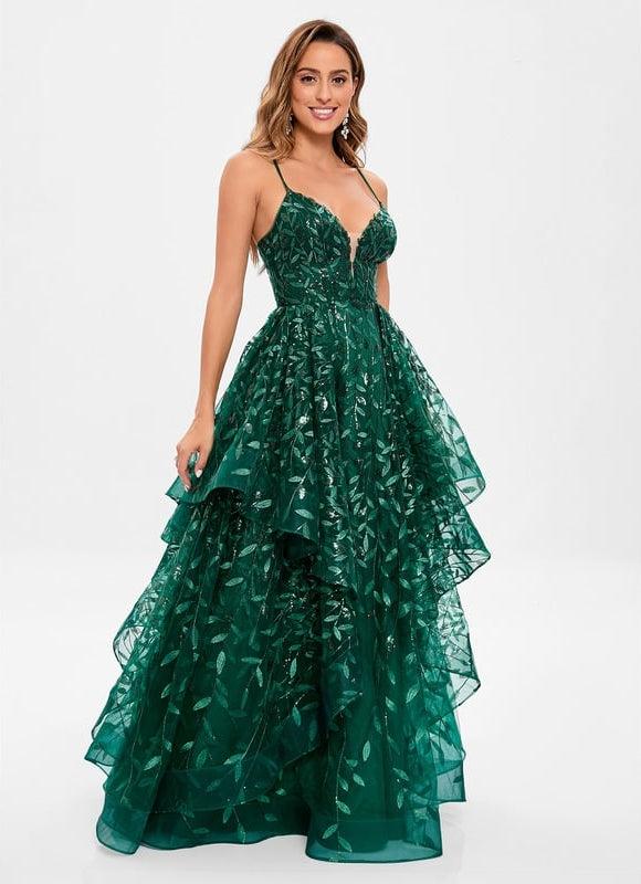 Princesse col v longueur ras du sol dentelle floral robe de bal avec paillettes - gallery 6