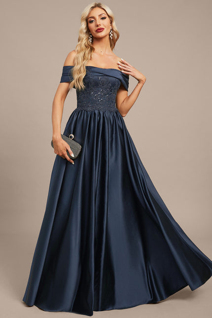 Trapèze épaule dénudée longueur ras du sol satin dentelle robe de soirée avec plissée paillettes - gallery 5