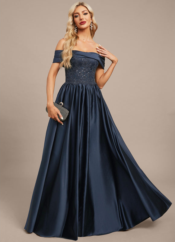 Trapèze épaule dénudée longueur ras du sol satin dentelle robe de soirée avec plissée paillettes - gallery 5