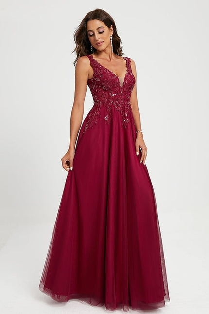 Princesse col v longueur ras du sol tulle dentelle robe de bal avec paillettes - gallery 3