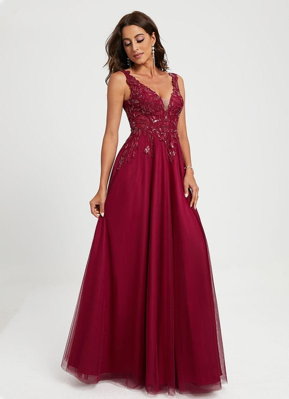 Princesse col v longueur ras du sol tulle dentelle robe de bal avec paillettes - gallery 3
