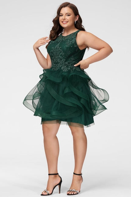 Princesse col rond court tulle dentelle robe de bal de promo avec paillettes - gallery 9