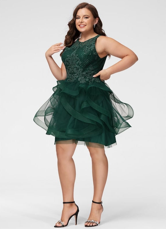 Princesse col rond court tulle dentelle robe de bal de promo avec paillettes - gallery 9