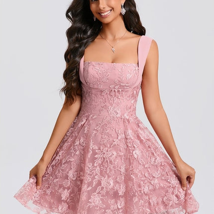 Trapèze col carré mini dentelle robe de bal de promo avec nœud paillettes