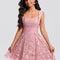 Trapèze col carré mini dentelle robe de bal de promo avec nœud paillettes