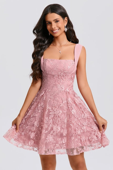 Trapèze col carré mini dentelle robe de bal de promo avec nœud paillettes