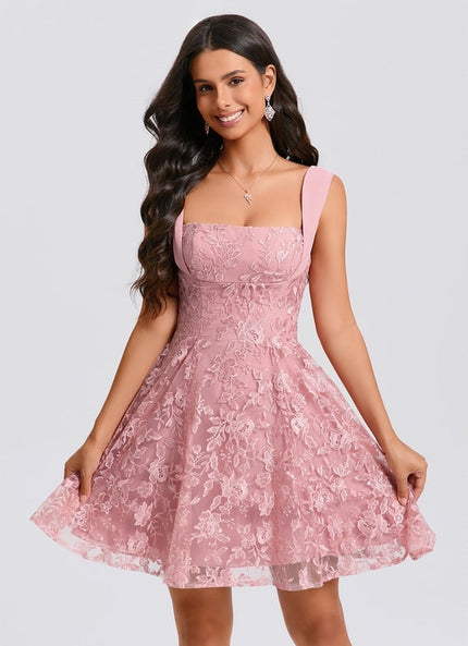 Trapèze col carré mini dentelle robe de bal de promo avec nœud paillettes