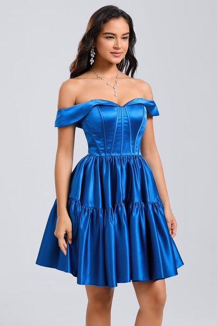 Princesse épaule dénudée court satin robe de bal de promo - gallery 4