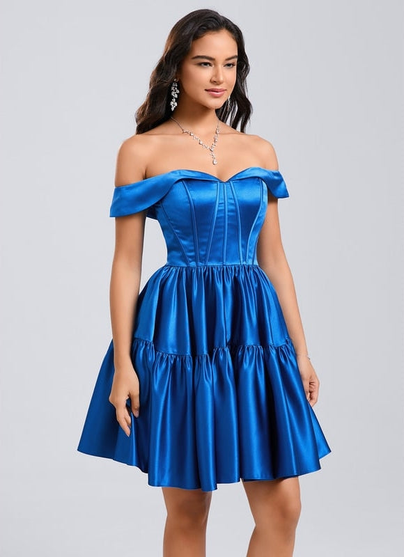 Princesse épaule dénudée court satin robe de bal de promo - gallery 4
