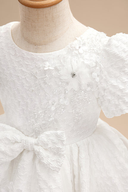 Trapèze col rond longueur genou satin robes fille mariage avec perles/motif floral 3d/nœud - gallery 6