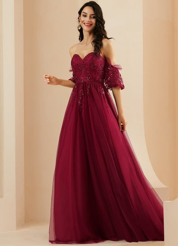 Princesse col cœur traîne balayage tulle robe de bal avec paillettes - gallery 4