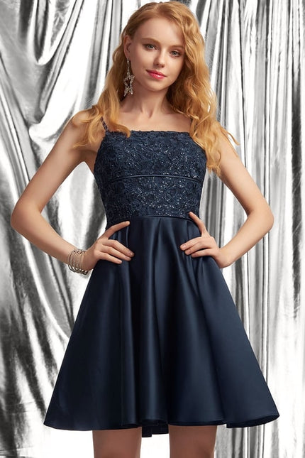 Trapèze col carré court satin robe de bal de promo - gallery 1