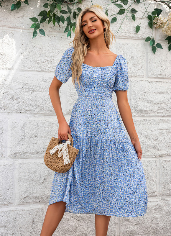 Robe à volants imprimé fleur col carré trapèze rayonne midi - gallery 2