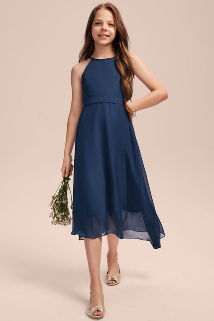 Trapèze licou asymétrique mousseline robe de demoiselle d'honneur - junior - gallery 4