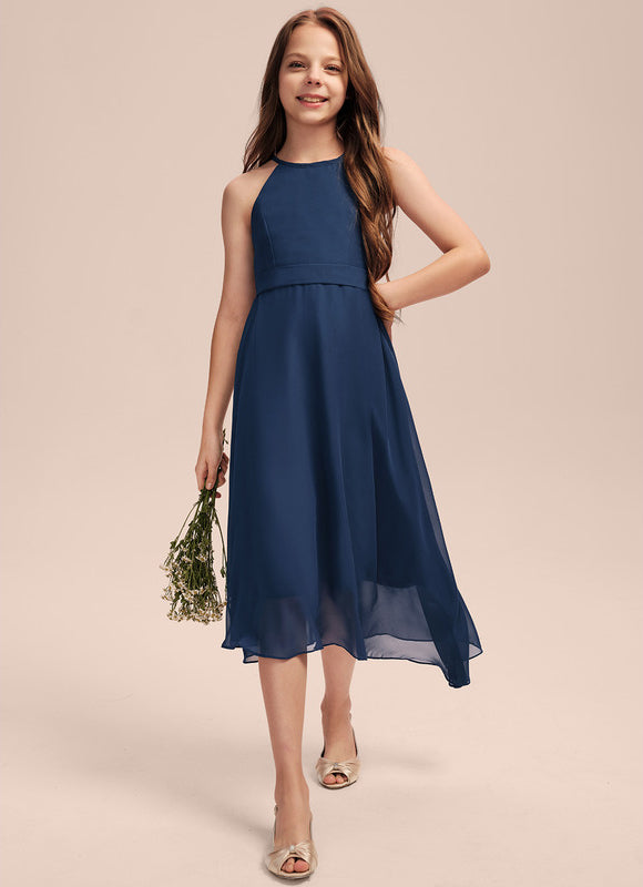 Trapèze licou asymétrique mousseline robe de demoiselle d'honneur - junior - gallery 4