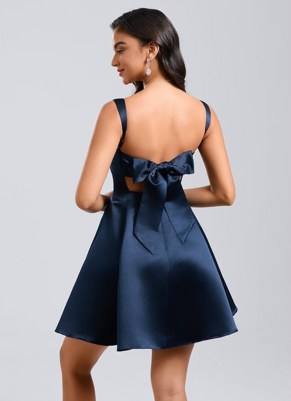 Trapèze col droit court satin robe de bal de promo avec nœud - gallery 6