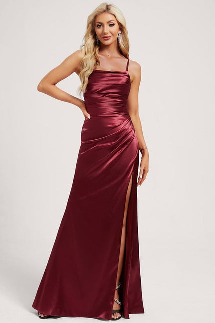 Sirène col carré longueur ras du sol satin extensible robe de bal avec à volants