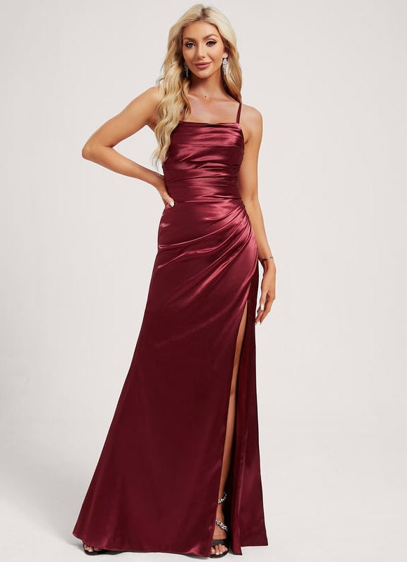 Sirène col carré longueur ras du sol satin extensible robe de bal avec à volants