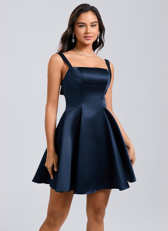 Trapèze col droit court satin robe de bal de promo avec nœud - gallery 4