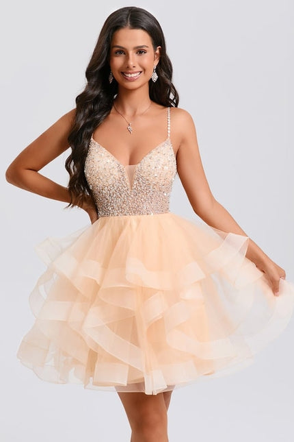 Princesse col v court tulle robe de bal de promo avec perles paillettes