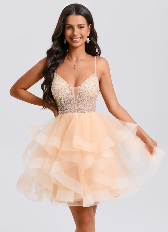 Princesse col v court tulle robe de bal de promo avec perles paillettes
