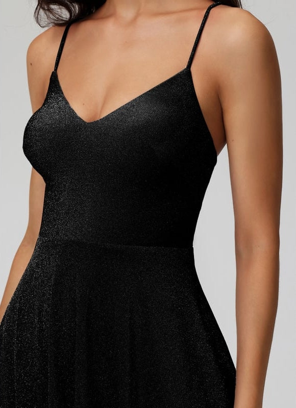 Trapèze col v court jersey robe de bal de promo avec paillettes - gallery 5