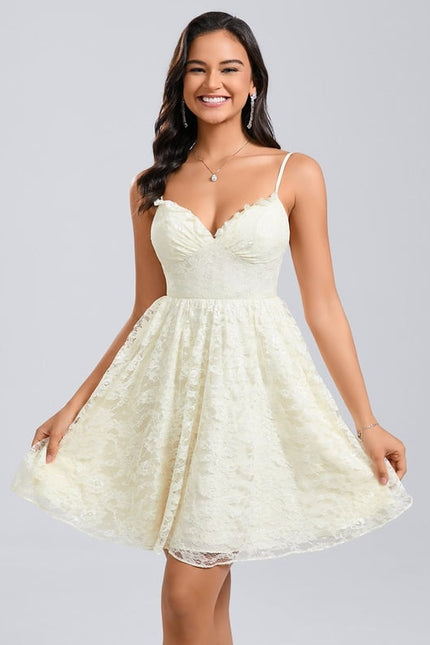 Trapèze col v court dentelle robe de bal de promo