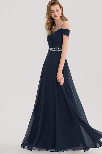 Trapèze col v décolleté épaules longueur ras du sol mousseline robe de bal avec plissée paillettes perles - gallery 1