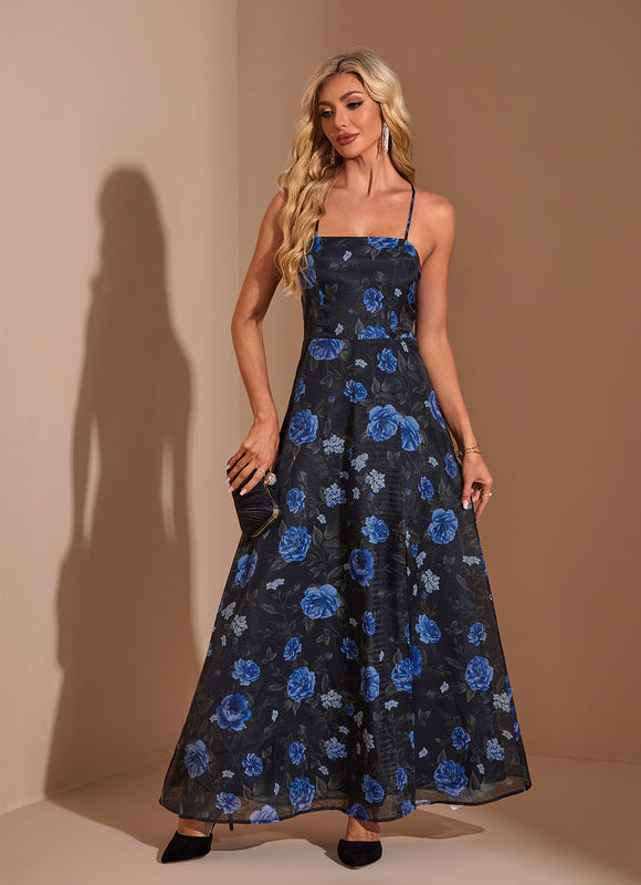 Robe imprimé fleur col carré trapèze organza maxi - gallery 4