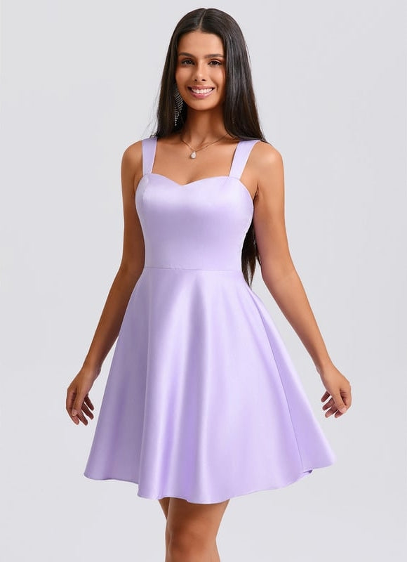 Trapèze col cœur court satin robe de bal de promo avec nœud - gallery 1