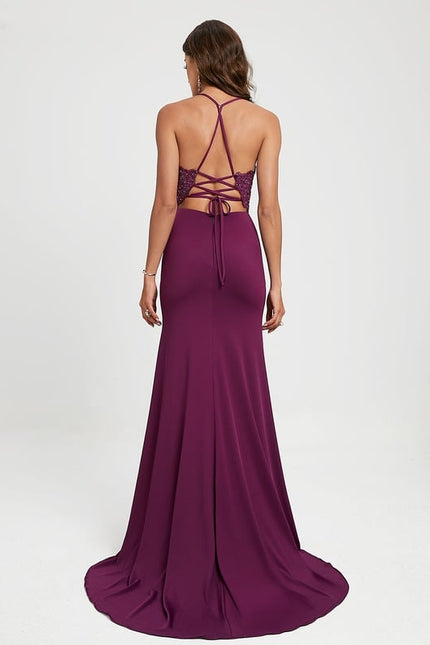 Sirène col v traîne balayage jersey robe de bal avec strass - gallery 1