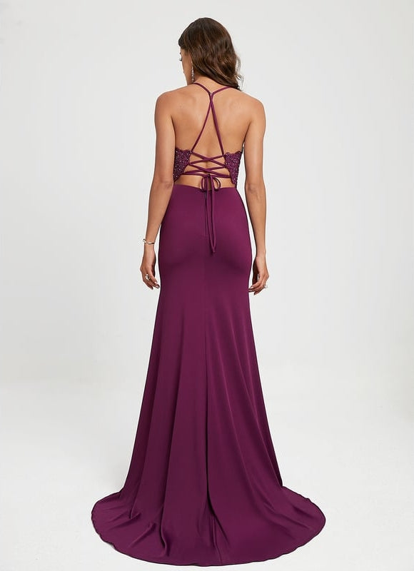 Sirène col v traîne balayage jersey robe de bal avec strass - gallery 1