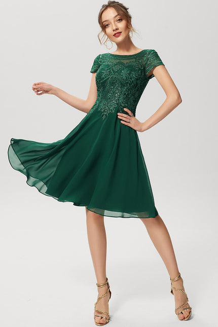 Trapèze col rond longueur genou dentelle mousseline robe de cocktail avec paillettes - gallery 2