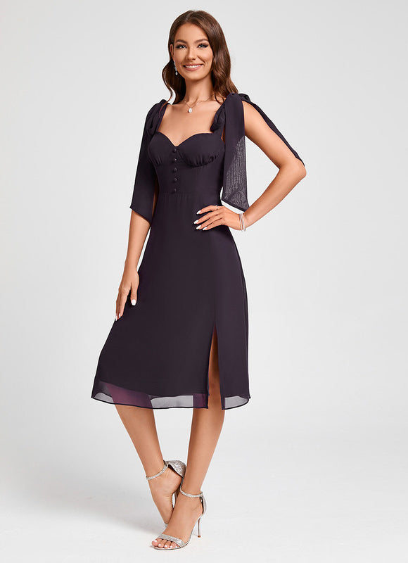 Trapèze col cœur longueur genou mousseline robe de cocktail - gallery 4