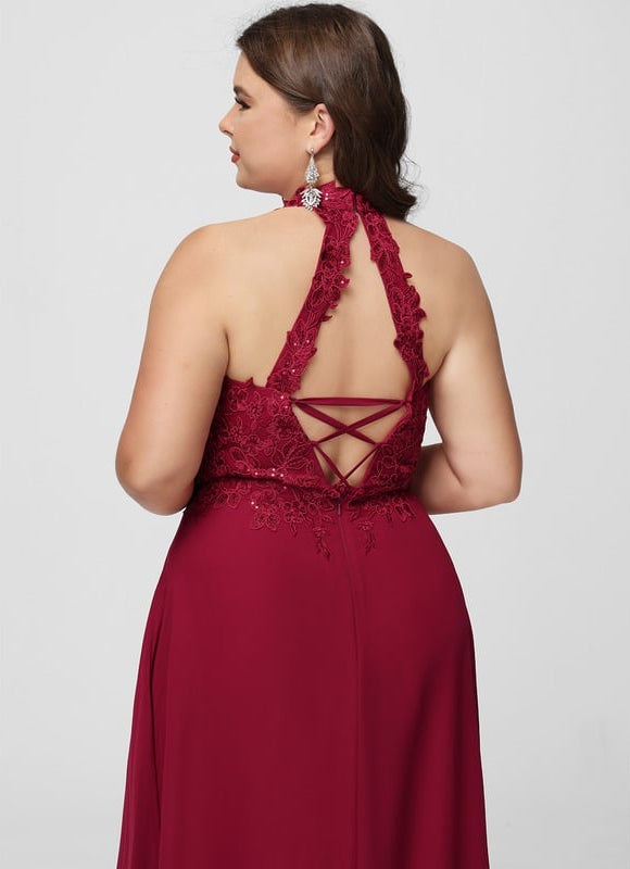 Trapèze licou longueur ras du sol dentelle mousseline robe de bal avec paillettes - gallery 7