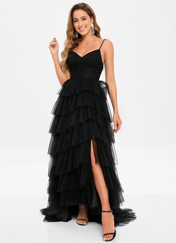 Princesse col v traîne balayage tulle robe de bal - gallery 4