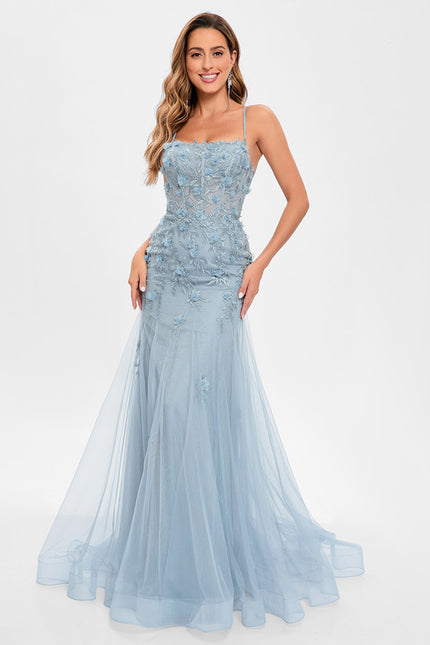 Sirène col droit traîne balayage tulle robe de bal avec fleurs