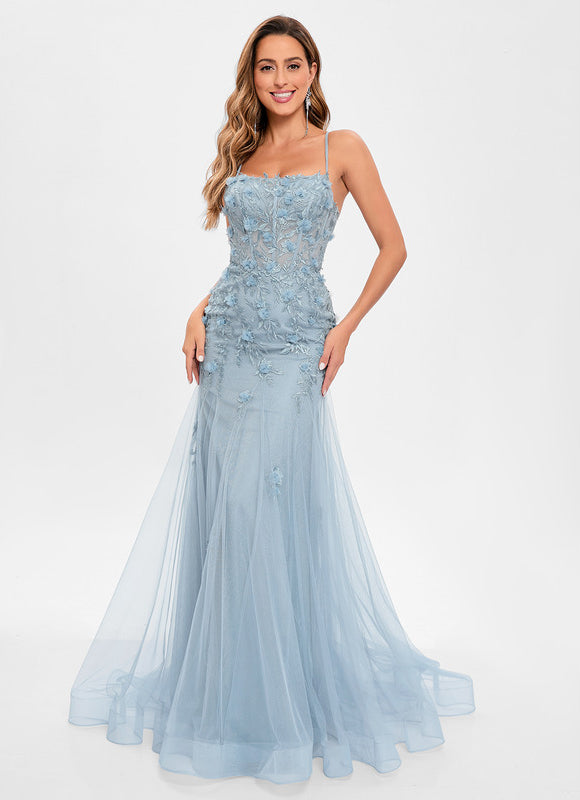 Sirène col droit traîne balayage tulle robe de bal avec fleurs