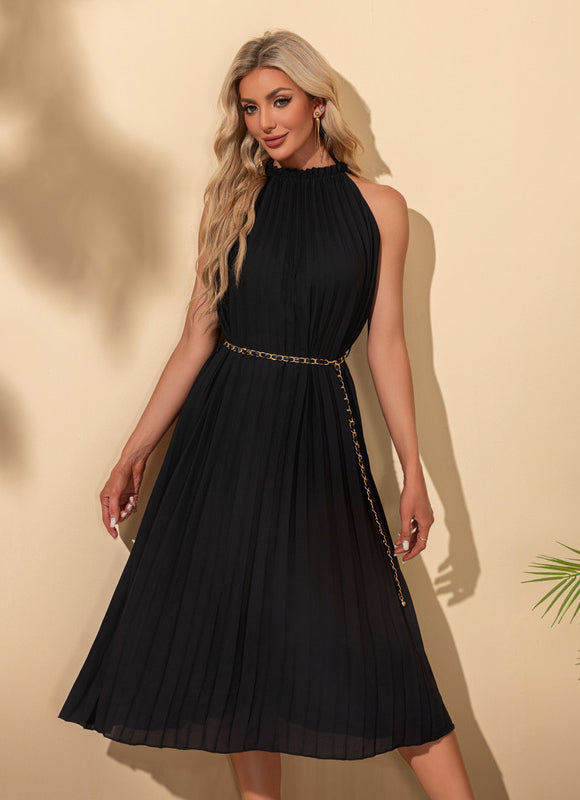 Robe plissée licou trapèze polyester midi - gallery 1