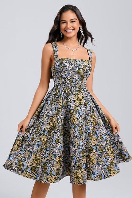 Trapèze col carré longueur genou jacquard robe de bal de promo avec nœud - gallery 2