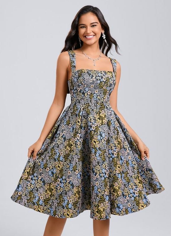 Trapèze col carré longueur genou jacquard robe de bal de promo avec nœud - gallery 2