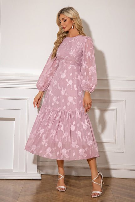 Robe à volants jacquard col rond trapèze mousseline midi - gallery 1