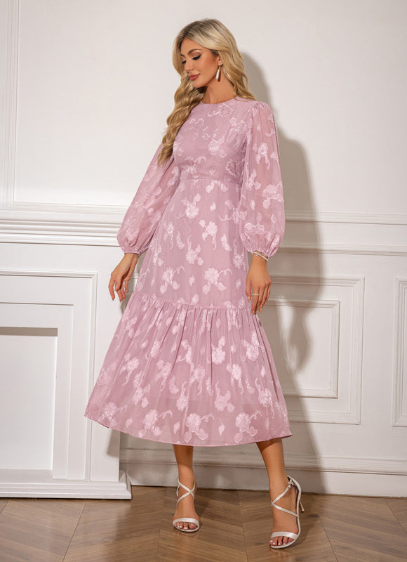 Robe à volants jacquard col rond trapèze mousseline midi - gallery 1