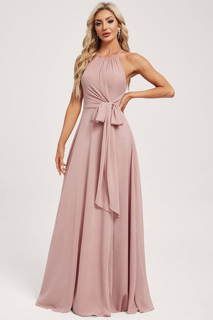 Trapèze décolleté épaules licou longueur ras du sol mousseline robe de demoiselle d'honneur - gallery 1