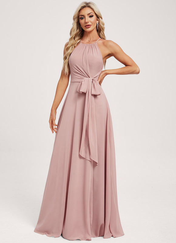 Trapèze décolleté épaules licou longueur ras du sol mousseline robe de demoiselle d'honneur - gallery 1