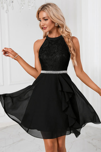 Robe perles licou trapèze mousseline dentelle mini - gallery 5