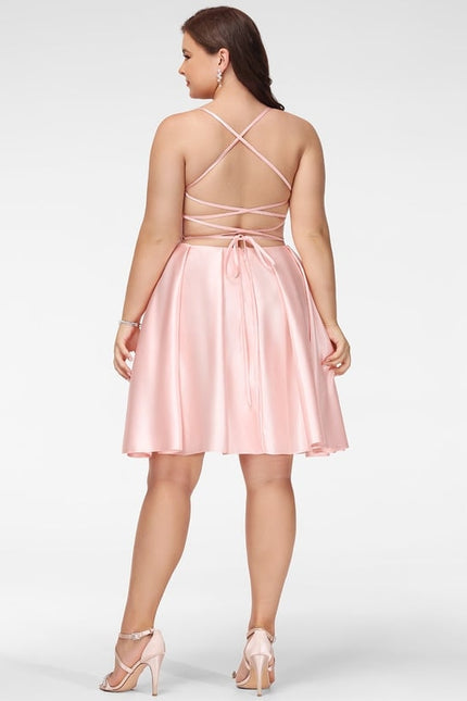 Trapèze col carré court satin robe de bal de promo - gallery 7