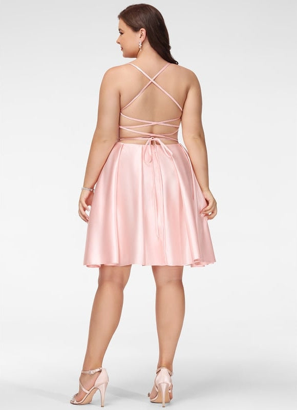 Trapèze col carré court satin robe de bal de promo - gallery 7