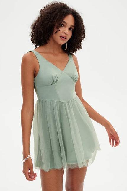 Trapèze col v mini tulle robe de bal de promo - gallery 3